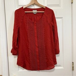 Anthropologie Maeve Shirt Womens 6 Red Embroidered Long Sleeve Button Down